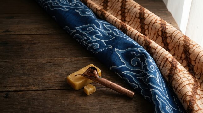 Indigo batik fabric with wax tool on rustic wooden background