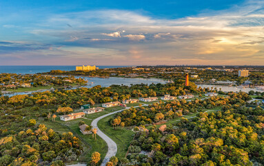 aerial view at sunset of Jupiter Inlet and Jupiter Lighthouse © Bruce