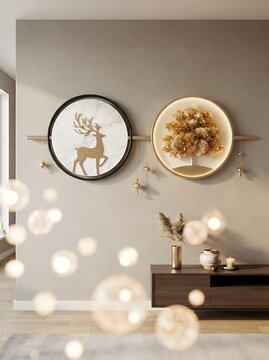 Circular wall art featuring a golden deer and tree in an interior living room setting