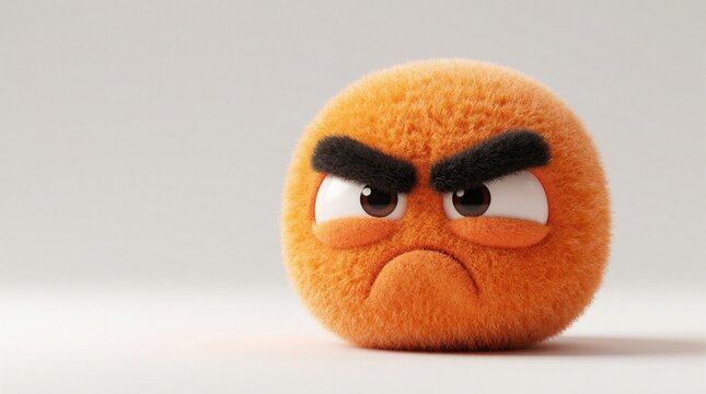 Angry orange fuzzy ball character with grumpy face. Round plush toy big black eyebrows, scowl. Funny 3d emoticon shows strong negative emotion. Cute soft mascot with mad expression sits on white