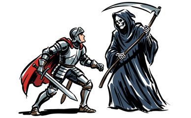 Obraz premium Knight with Sword Confronting Grim Reaper with Scythe
