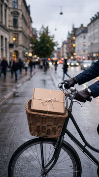 Plain box in a bicycle basket, local Black Friday delivery