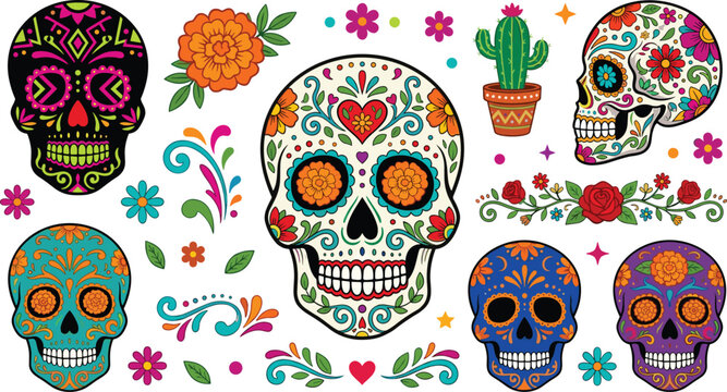 Mexican Day of the Dead Sugar Skull Vector Set with Floral Calavera Elements and Ornaments for Dia de los Muertos Festive Creative Designs