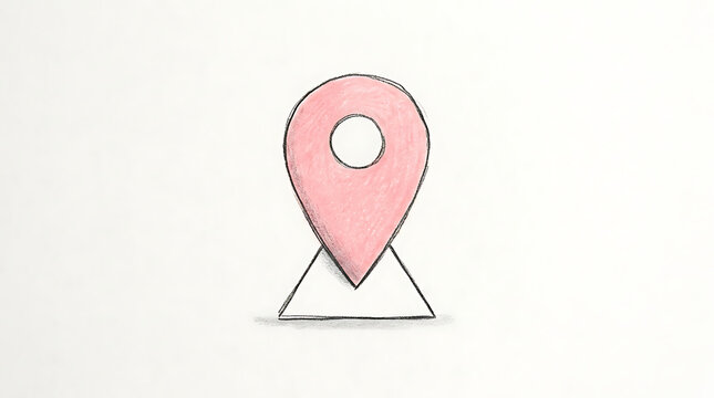 Hand drawn pink map pointer icon isolated on white background for