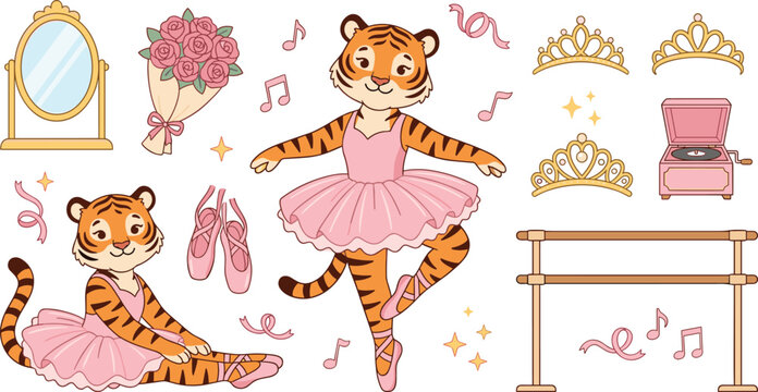 Cute Ballerina Tiger Character Vector Element Set with Ballet Dancer Cub, Tutu, Pointe Shoes, and Tiara for Girl Birthday Invitations and Nursery Designs