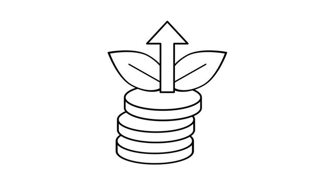 Line art icon of a sprout with leaves and an upward arrow rising from a stack of coins symbolizing investment growth, wealth and financial savings