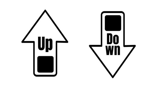 Black and white icons of an up arrow and a down arrow with words Up and Down and solid squares representing increase, decrease and change in trends