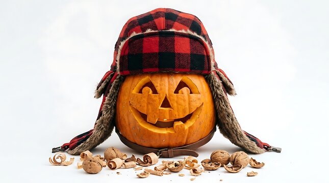 Smiling jack-o-lantern wearing a red and black buffalo check trapper hat with walnuts