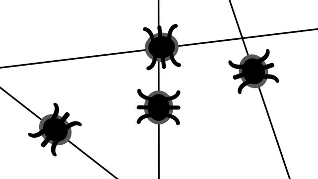 Pattern of black bug icons connected by thin network lines on white background representing malware spread, computer virus infection and cyber attack
