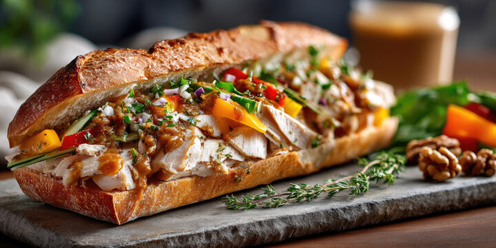 Salvadoran pan con pavo on a rustic plate: sliced turkey in baguette with cilantro, onions, red chilies and gravy, colorful vegetables for a hearty, traditional meal