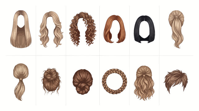 Set of various women hairstyles and haircuts isolated on white background, vector hair styling collection