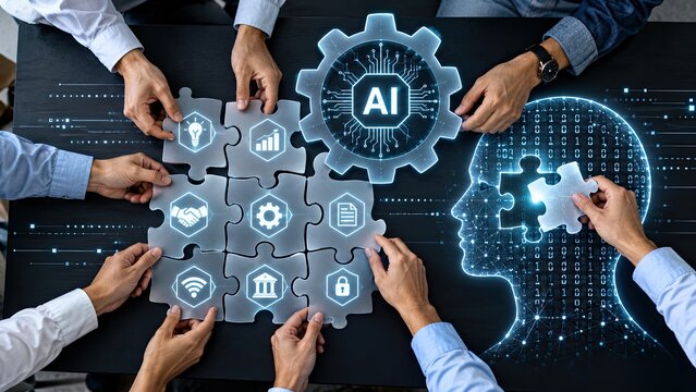 Hands assembling puzzle pieces forming artificial intelligence brain gear and business icons for collaborative innovation and technical software development strategy.