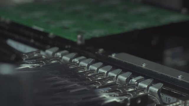 Close-up of robotic grippers aligning electronic components on green printed circuit board during automated manufacturing on assembly line