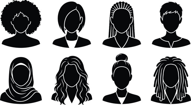 Female Diverse Avatar Silhouette Collection with Hairstyle Hijab and Face Profile Symbols for Business and Beauty Graphic Design Projects