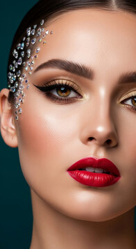 Close-up of a woman's face with striking red lips and gold eye makeup, adorned with rhinestones, symbolizing glamour and luxury.