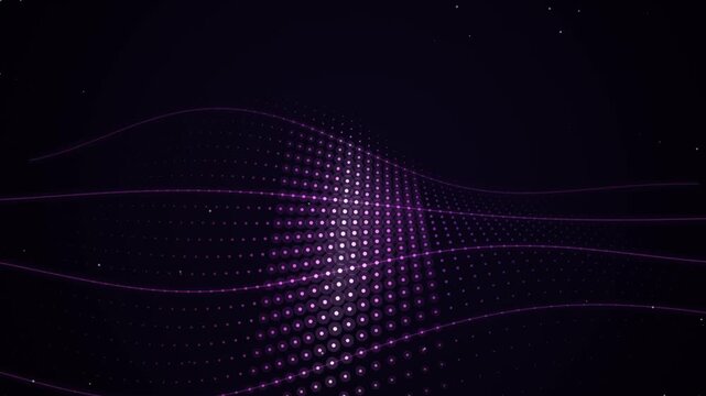 Abstract purple glowing light waves digital animation background with flowing particles motion.