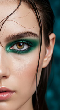 Close up of a woman's eye with vibrant green eyeshadow and glossy lips, symbolizing bold beauty and self-expression, perfect for makeup and fashion concepts