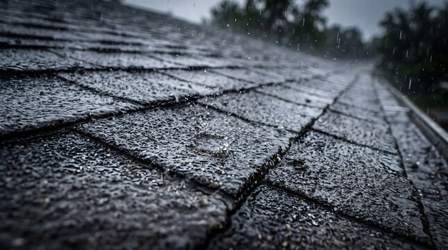 Heavy rain falling on dark asphalt roof shingles during a storm