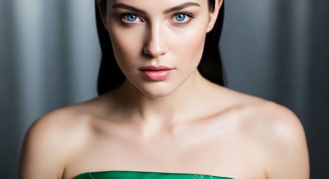 Close up portrait of a woman with piercing blue eyes and full lips, showcasing flawless skin and elegant features, symbolizing beauty and sophistication
