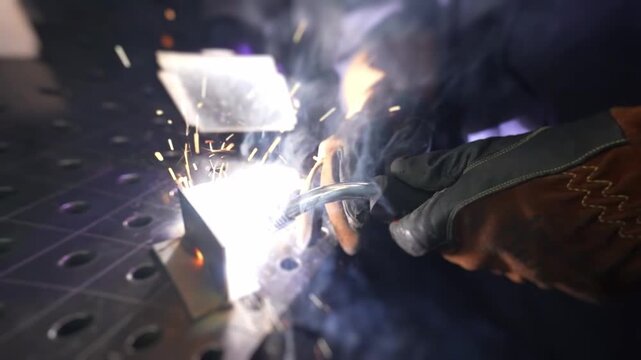 Gloved hands guide welding arc toward metal workpiece, bright sparks flying over perforated workbench in industrial workshop