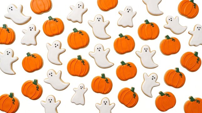 Pattern of Halloween pumpkin and ghost cookies on white
