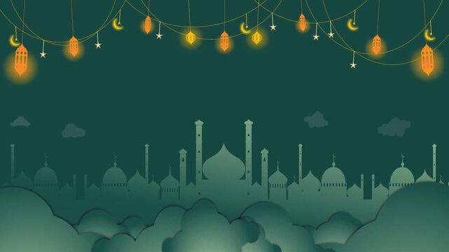 Animated hanging lanterns and glowing crescent moons over a silhouette of mosques on green background with pan glowing