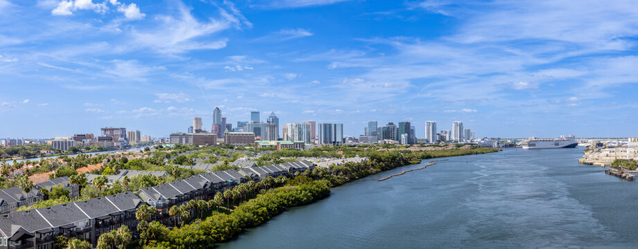Tampa downtown skyline looking over Garrison Channel and Harbor Island residential roofs