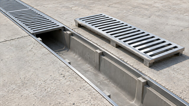 Drainage channel with a removable metal grate placed alongside