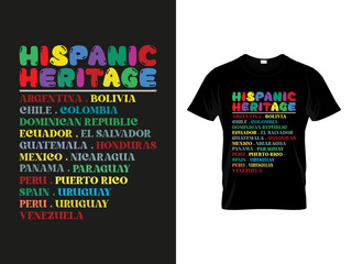 Branding Hispanic Heritage Month apparel graphic featuring colorful retro typography listing Spanish-speaking countries displayed on a black mockup T Shirt, Shirt © romanhrimon