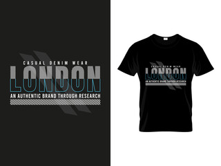 Branding London streetwear typographic apparel graphic design displayed on a black t-shirt mockup T Shirt, Shirt © romanhrimon