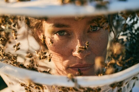 Beekeeper's face behind veil with bees clustered in warm sunlight