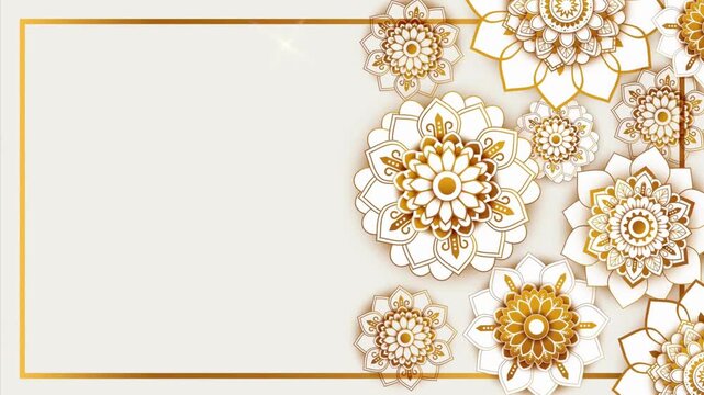 White and gold floral mandala pattern border with a rectangular frame on a light background with patterns arranged right