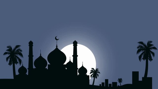Mosque silhouettes with palm trees and moon in a night sky panoramic landscape background with video panoramic view