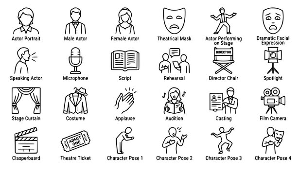 Actor Thin Line Icon Set, Editable Stroke Drama and Acting Outline Vector Collection