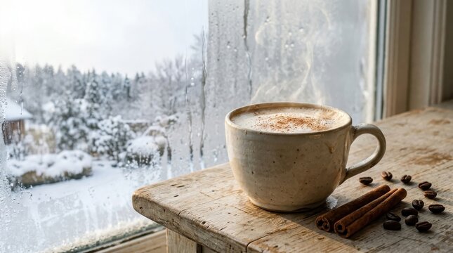 Hot latte with cinnamon and coffee beans on wooden table by window during winter snow.