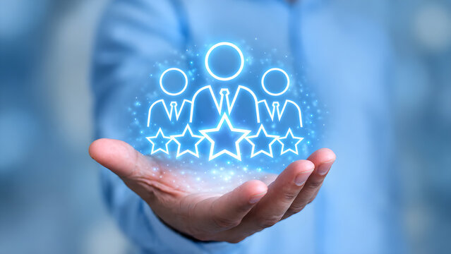 Businessman hand show business client retention icon, people membership group with 5 star. Customer experience concept, best excellent service rating for satisfaction. Customer Relationship Management