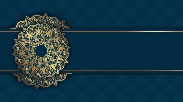 Golden mandala patterns on dark blue background with decorative horizontal border with banner diamond patterns