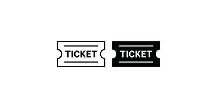 Two styles of ticket icons featuring black outline and solid fill designs for event entry and admission usage.