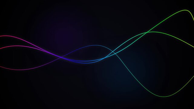 Neon rainbow lines curve across a black background