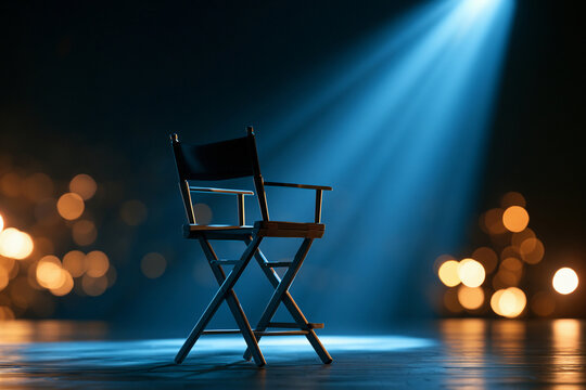 Light shines on a director's chair in a dimly lit space