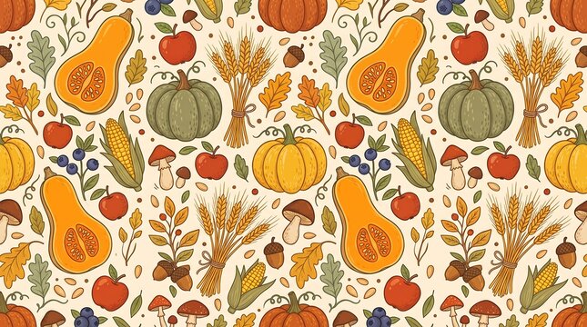 Autumn harvest pattern featuring pumpkins and seasonal produce for thanksgiving day celebrations thanksgiving vegetable seasonal