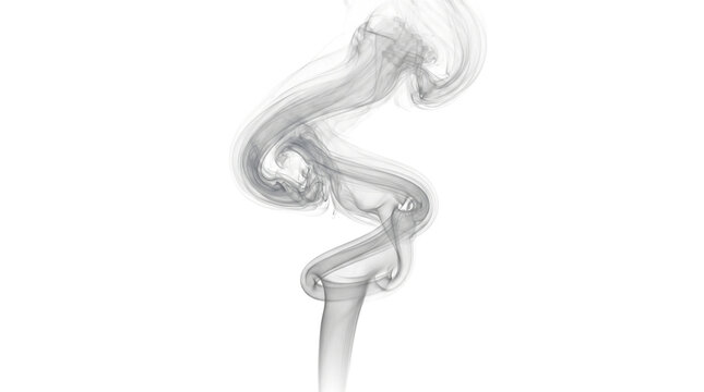 Delicate wisps of ethereal white smoke curl and swirl gracefully upward against a clean, minimalist pure white background capturing motion