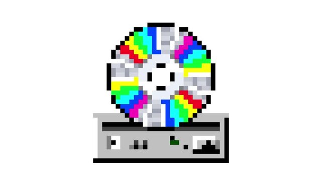 Retro pixel art of rainbow compact discs on optical drives