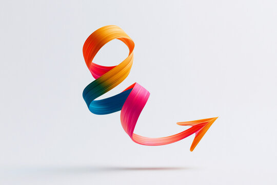 Colorful ribbon design twisted into a unique shape with arrow pointing to the right, on a plain background