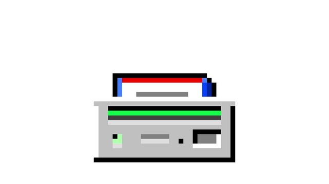 Retro pixel art floppy disk drives with disks on white background