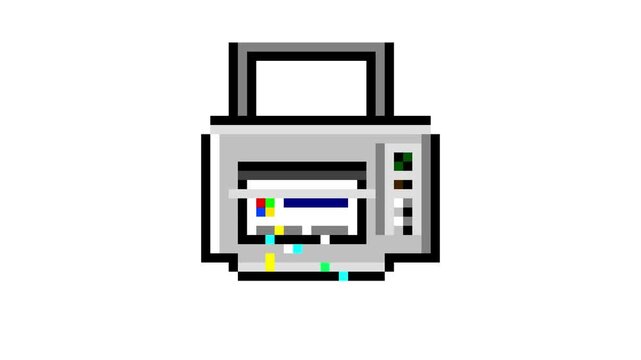 Retro pixel printer icons set with document printing sequence