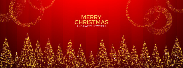 Fototapeta premium Merry Christmas and Happy New Year greeting with dotted tree silhouettes and ornament patterns. Christmas and New Year celebration. Seasonal greeting card design.