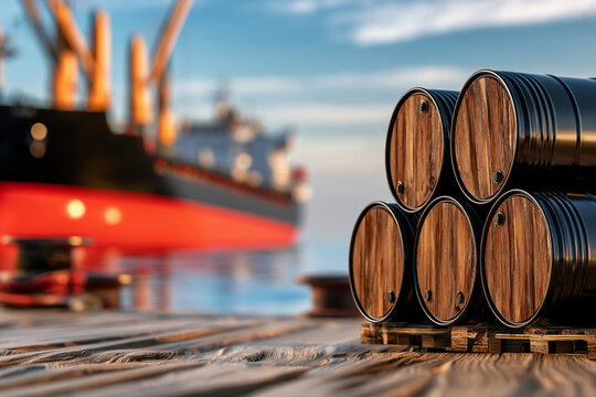 Barrels on a pallet near a ship at a dock under blue sky and calm water