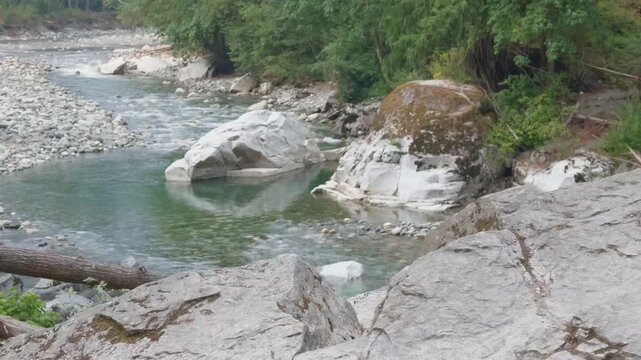 Crystal Clear Coquihalla River Flowing Past Ancient Rocks Near Othello Tunnels, British Columbia