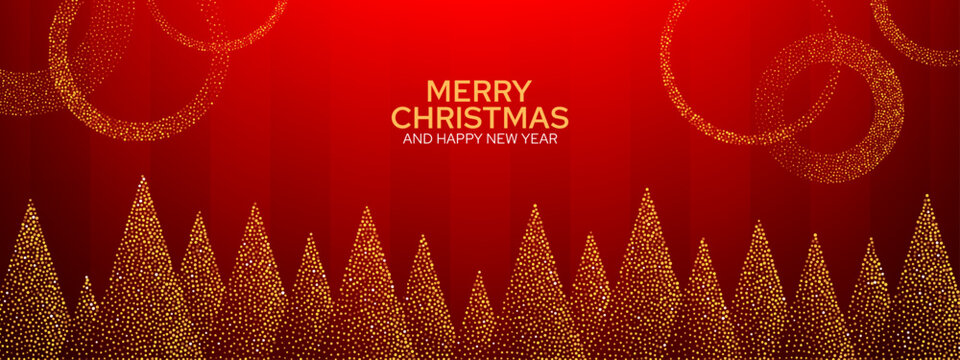 Merry Christmas and Happy New Year greeting with dotted tree silhouettes and ornament patterns. Christmas and New Year celebration. Seasonal greeting card design.